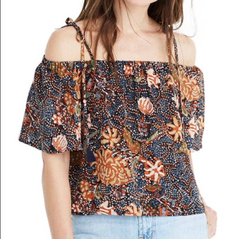 Madewell Navy Floral Off-Shoulder Blouse with Rust and Green Accents